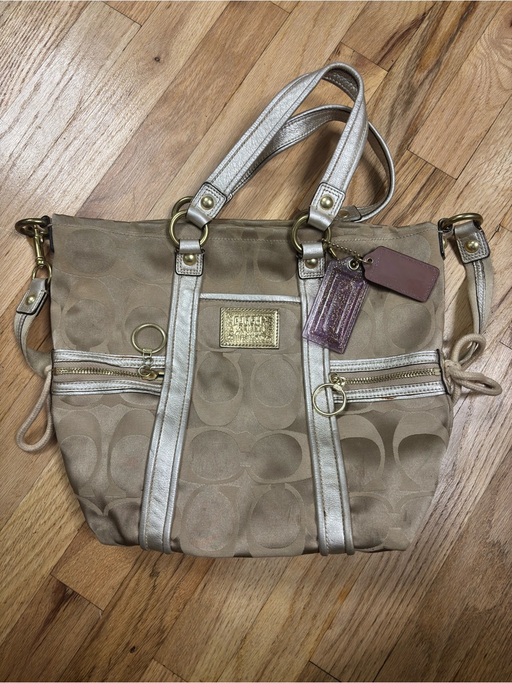 Coach Tan Signature Canvas Tote with Metallic Trim